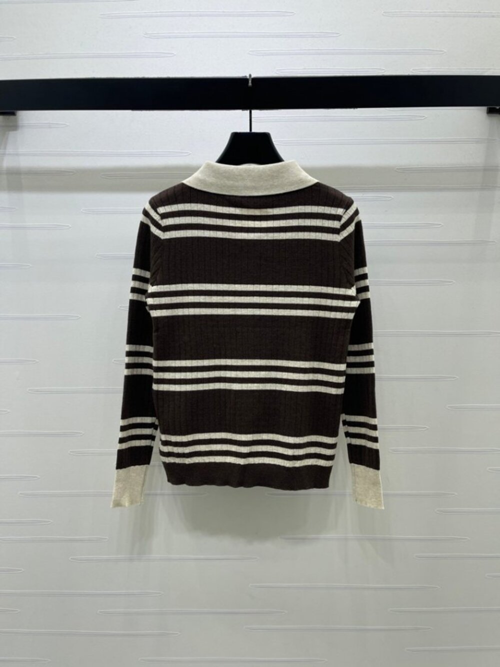 Miu Miu Brown Off‑White Stripe Zip‑Up Collared Knit Sweater - Picture 7 of 8